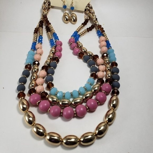 Multicolor Layered Beaded Necklace & Gold Drop Earrings – Statement Fashion Set - Picture 6 of 14